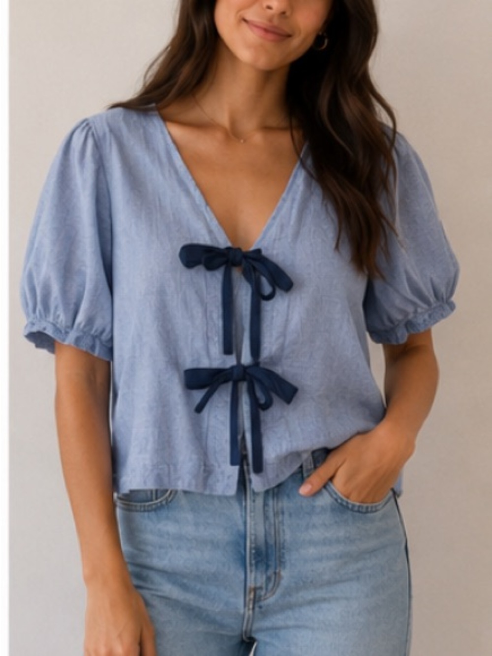 Zara Light Blue Puff Sleeve Top with Navy Ties